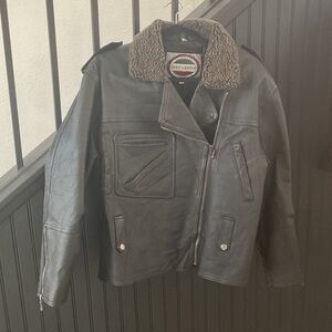 Bad Lands Men's Black Leather Bomber Jacket with Shearling Collar